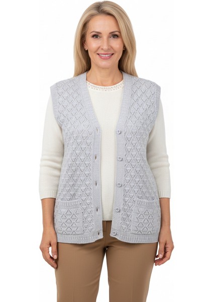 Kadın Kışlık Anne Yelek Pamuklu Triko Örme Düğmeli Cepli Klasik Esnek Rahat