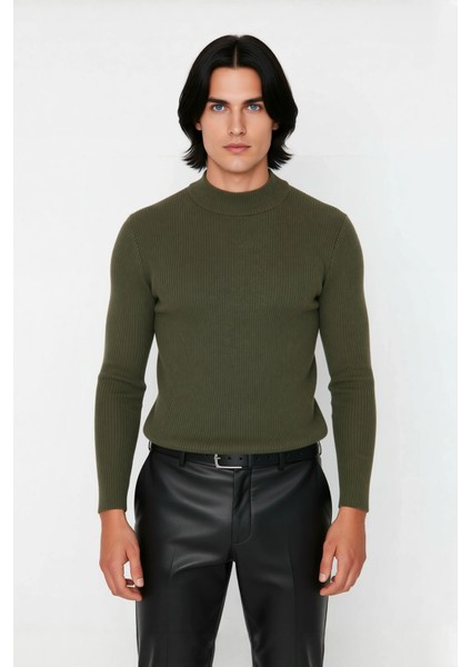 Erkek Dik Yaka Uzun Kol Fitilli Dar Kalıp Triko Kazak Kış Sezonu Için Modern ve Konforlu Stil