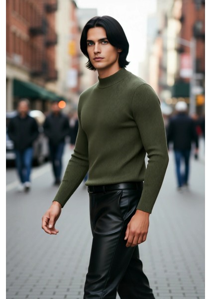 Erkek Dik Yaka Uzun Kol Fitilli Dar Kalıp Triko Kazak Kış Sezonu Için Modern ve Konforlu Stil modelleri