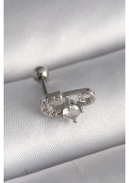 316L Çelik Gümüş Renk Zirkon Taşlı Toplu İğne Tragus Piercing