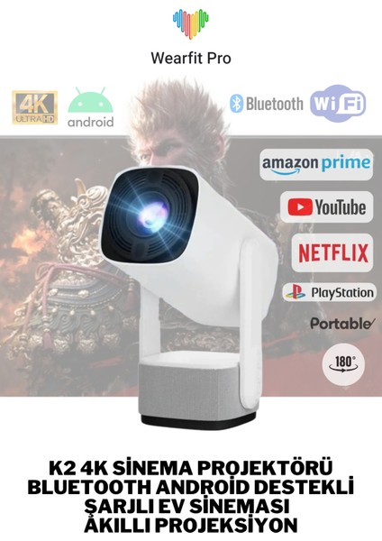 K2 Şarjlı Projeksiyon Cihazı Android Bluetoothlu Ev Sineması