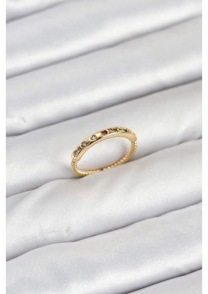 Pirinç Gold Renk Renkli Zirkon Taşlı Kadın Yüzük