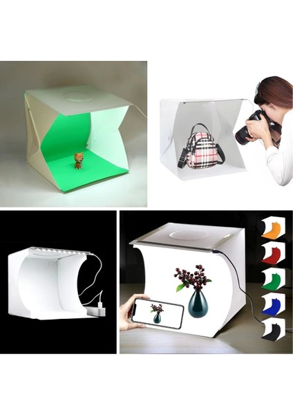 Katlanır Işıklı Fotoğraf Stüdyosu 40X40 cm 6 Renk Fonlu Ürün Çekimi Için Uygun Fotoğraf Çekim Kutusu ( Lisinya )