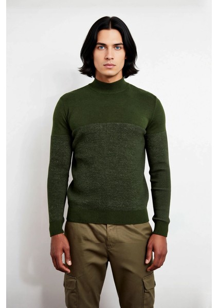 Erkek Haki Renk Yüksek Yaka Triko Kazak Dokulu Deseniyle Sonbahar Kış Şıklığını Yakalayın Kaliteli