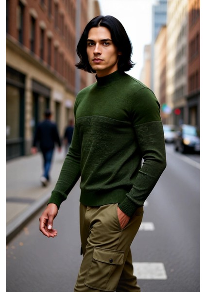 Erkek Haki Renk Yüksek Yaka Triko Kazak Dokulu Deseniyle Sonbahar Kış Şıklığını Yakalayın Kaliteli modelleri