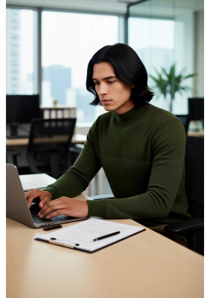 Erkek Haki Renk Yüksek Yaka Triko Kazak Dokulu Deseniyle Sonbahar Kış Şıklığını Yakalayın Kaliteli fırsatları