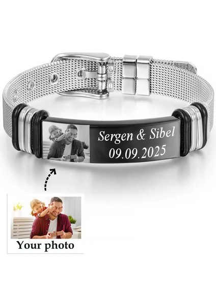 Kişiye Özel Resim Baskılı 2 Satır Isim Yazılı Çelik Bileklik Sevgiliye Hediye SCB13G