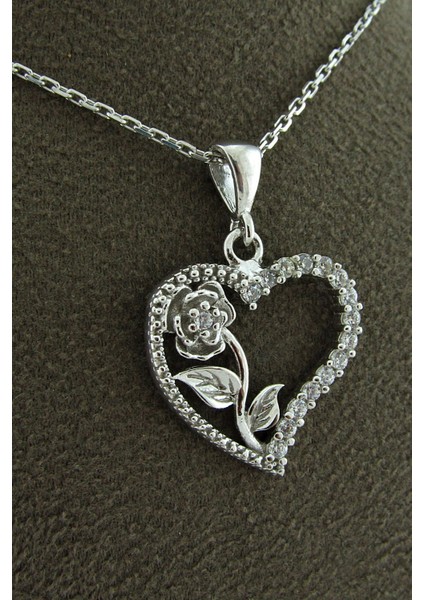 Kalbimin Gülü Kalpli Gümüş Kolye Hediyelik Kolye wsn07