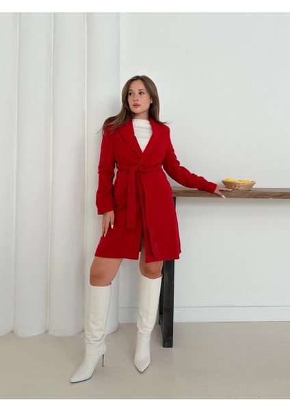 Cepli Kuşaklı Kaşe Kaban Kırmızı ST26458