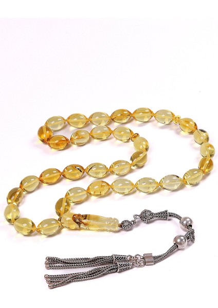 Arpa Tane Usta İşçilik Gümüş Püsküllü Damla Kehribar Tesbih