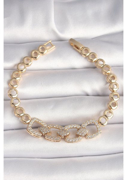 Pirinç Gold Renk Zirkon Taşlı Daire Zincir Model Kadın Bileklik