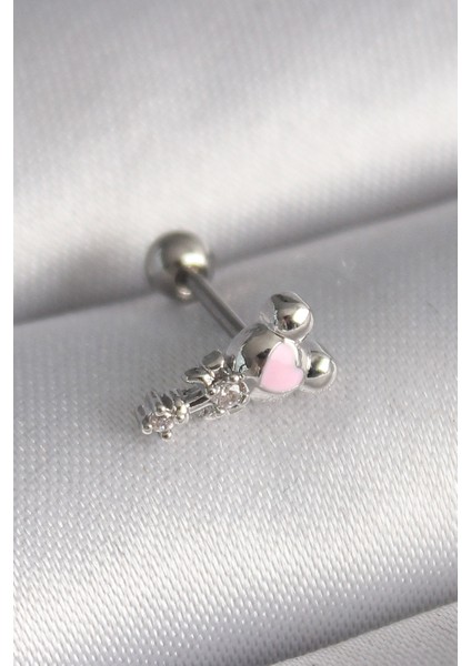 316L Çelik Gümüş Renk Zirkon Taş Detay Pembe Kalp İşleme Tragus Piercing