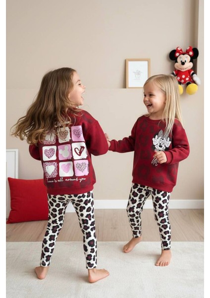 Kalp Leopar Desenli Mnn Kız Çocuk 2 li takım - Bordo
