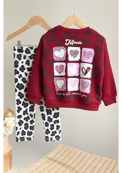 Kalp Leopar Desenli Mnn Kız Çocuk 2 li takım - Bordo modelleri