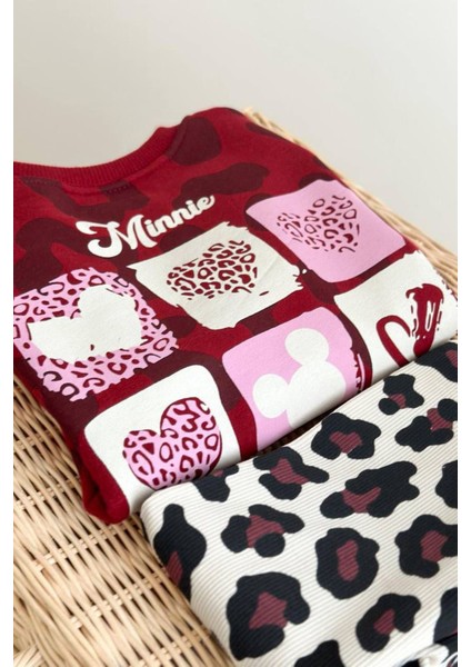 Kalp Leopar Desenli Mnn Kız Çocuk 2 li takım - Bordo fırsatları