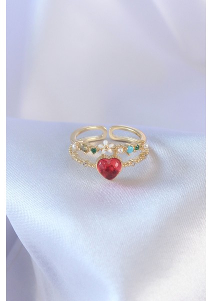 Gold Renk Kırmızı Zirkon Taş Kalp Model Pirinç Kadın Yüzük fiyatları