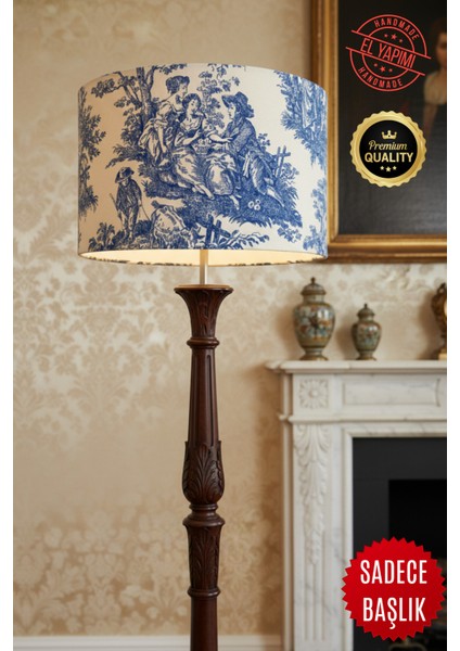 Vintage Toile De Jouy Desenli Lambader Başlığı Mavi