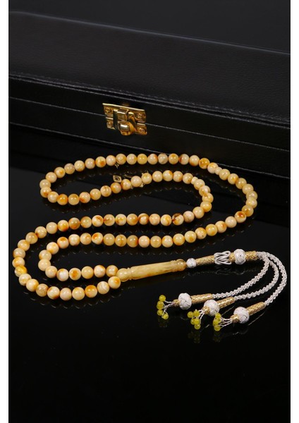 Gümüş Kazaz Püsküllü 99'luk Kaya Damla Kehribar Tesbih