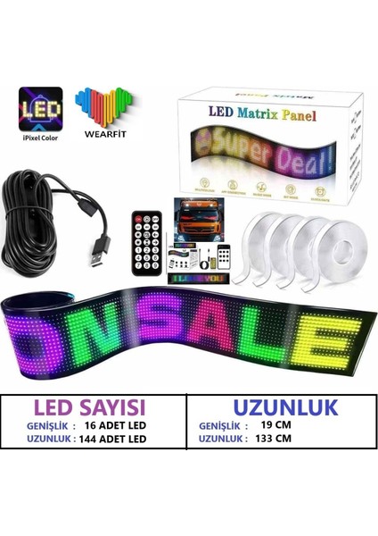 Matrix LED Panel Cama Yapışan Telefon Kontrollü Otomobil Led,tırcı Kamyon LED UZNLUK133CM-GENIŞ19CM