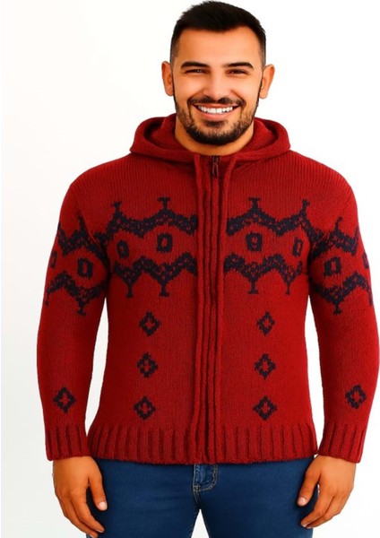 Cool T00465 Erkek Desenli Fermuarlı Triko Hırka - Bordo - ST00465-BORDO-L