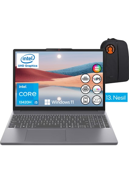 Ideapad Slim 3 I5-13420H Intel UHD 24GB Ram 512GB SSD 15.3" Wuxga W11 Taşınabilir Bilgisayar 83K1004ETR