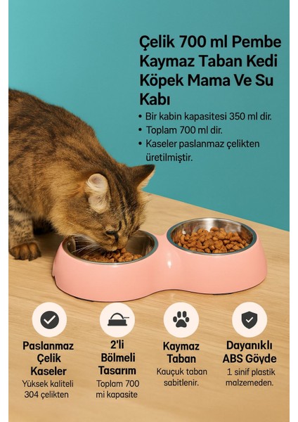 Paslanmaz Çelik 700 ml Pembe Kaymaz Taban Kedi Köpek Mama ve Su Kabı CIN571PM