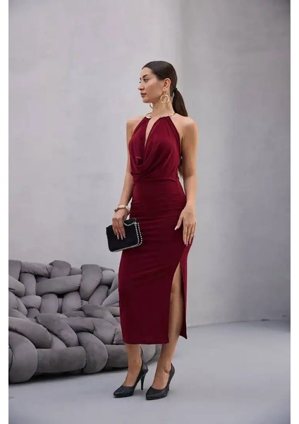 Boyundan Aksesuarlı Degaje Yaka Elbise indirimleri