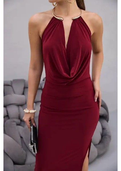 Boyundan Aksesuarlı Degaje Yaka Elbise