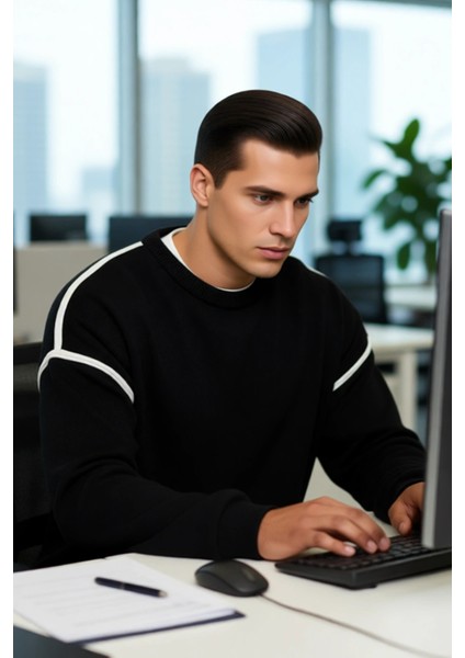 Erkek Büyük Beden Oversize Kalıp Bisiklet Yaka Düşük Kol Biye Detaylı Triko Kazak Kışlık Stil