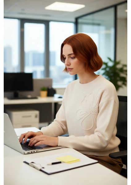 Kadınlara Özel Bisiklet Yaka Nakışlı Çiçekli Gri Triko Kazak Günlük Kış Stili Kaliteli Şık