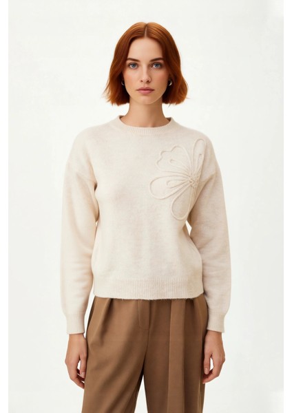 Kadınlara Özel Bisiklet Yaka Nakışlı Çiçekli Gri Triko Kazak Günlük Kış Stili Kaliteli Şık fiyatları