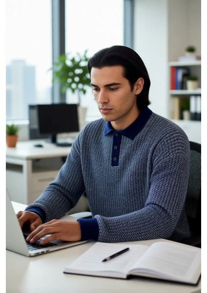 Erkek Konforlu Şık Dokulu Polo Yaka Uzun Kollu Akrilik Triko Kazak Soğuk Günlerin Vazgeçilmezi