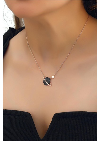 Gümüş Gezegen Kolye Siyah Taşlı wsn266