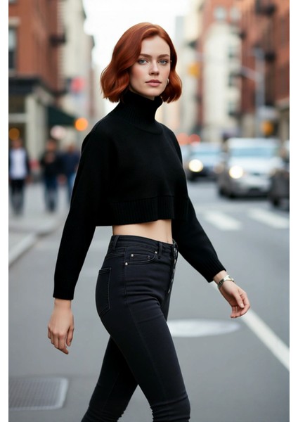 Kadın Ekru Oversize Süper Crop Dik Yaka Triko Kazak Düşük Kol Kışlık Güncel Moda Trendi Kaliteli fırsatları