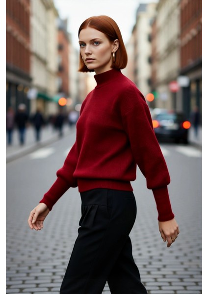 Kadın Oversize Kışlık Triko Kazak Dik Yaka Balon Kol Detaylı Zigzag Desenli Günlük Şıklık Kaliteli fırsatları