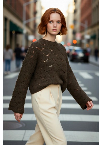 Kadın Ajurlu Oversize Bisiklet Yaka Triko Kazak Modern ve Rahat Stil Için Kışlık Seçim Kaliteli fırsatları