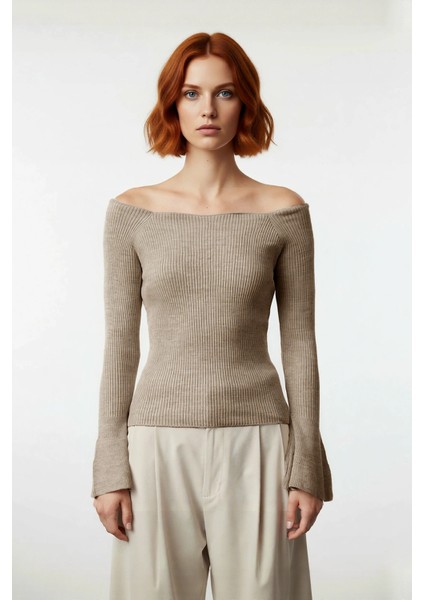 Kadın Carmen Yaka Uzun Kollu Fitted Akrilik Triko Üst Gündüz Gece Basic Fitilli Dokuma Kombin fiyatları