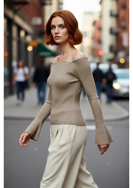 Kadın Carmen Yaka Uzun Kollu Fitted Akrilik Triko Üst Gündüz Gece Basic Fitilli Dokuma Kombin fırsatları