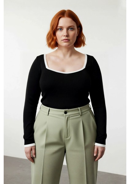 Kadın Siyah Kare Yaka Triko Kazak Fitted Kalıp Standart Kol Ince Dokulu Günlük Şıklık Sunar fiyatları