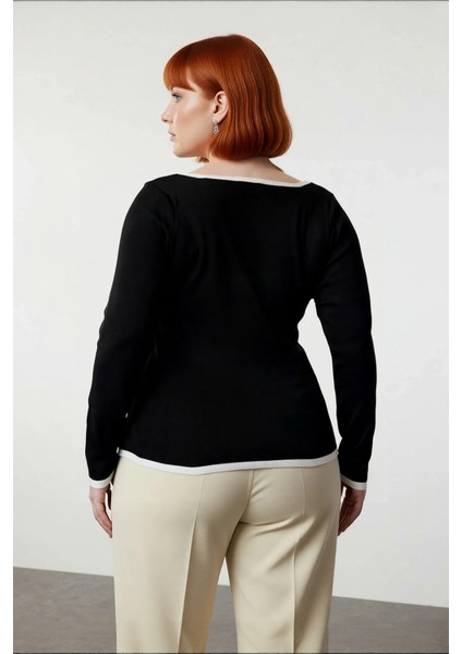 Kadın Siyah Kare Yaka Triko Kazak Fitted Kalıp Standart Kol Ince Dokulu Günlük Şıklık Sunar modelleri