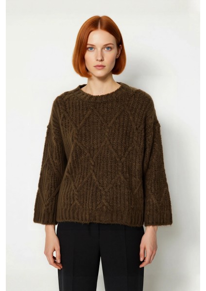 Kadın Günlük Oversize Kesim Saç Örgüsü Desenli Triko Kazak Kış Sonbahar Için Bisiklet Yaka fiyatları