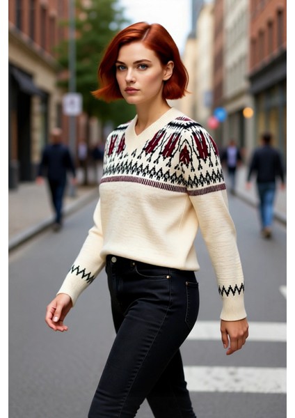 Kadın Kış Sezonu Kalın Triko Geometrik Desenli V Yaka Regular Kalıp Reglan Kol Kazak Kaliteli fırsatları