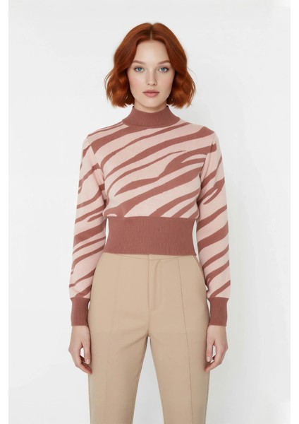 Kadınlara Özel Pembe Zebra Desenli Dik Yaka Uzun Kollu Crop Triko Kazak Kış Şıklığı Için Kaliteli