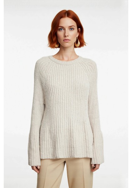 Kadınlara Özel Regular Kalıp Bisiklet Yaka Triko Kazak Reglan Kol Uzun Kollu Peplum Detayı