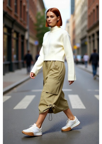 Kadın Basic Akrilik Triko Kazak Regular Kalıp Dik Yaka Crop Boy Balon Kol Soğuk Havalar Için Rahat fırsatları