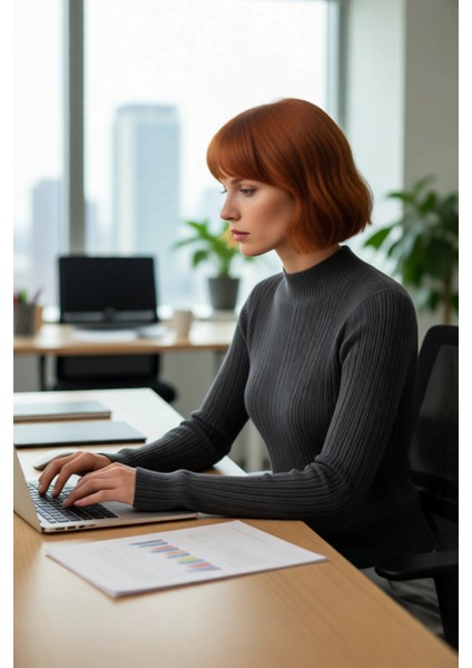 Kadın Uzun Kollu Dik Yaka Fitilli Triko Kazak Fitted Kesim Casual Giyim Için Ideal Basic Model