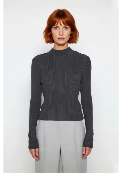 Kadın Uzun Kollu Dik Yaka Fitilli Triko Kazak Fitted Kesim Casual Giyim Için Ideal Basic Model fiyatları