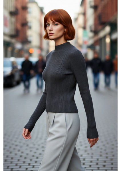 Kadın Uzun Kollu Dik Yaka Fitilli Triko Kazak Fitted Kesim Casual Giyim Için Ideal Basic Model fırsatları