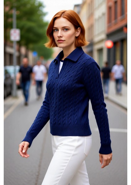 Soğuk Havalara Özel Kadın Regular Kalıp Saç Örgüsü Polo Yaka Triko Kazak Rahat Şıklık Kaliteli modelleri