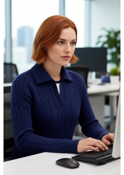 Soğuk Havalara Özel Kadın Regular Kalıp Saç Örgüsü Polo Yaka Triko Kazak Rahat Şıklık Kaliteli fırsatları